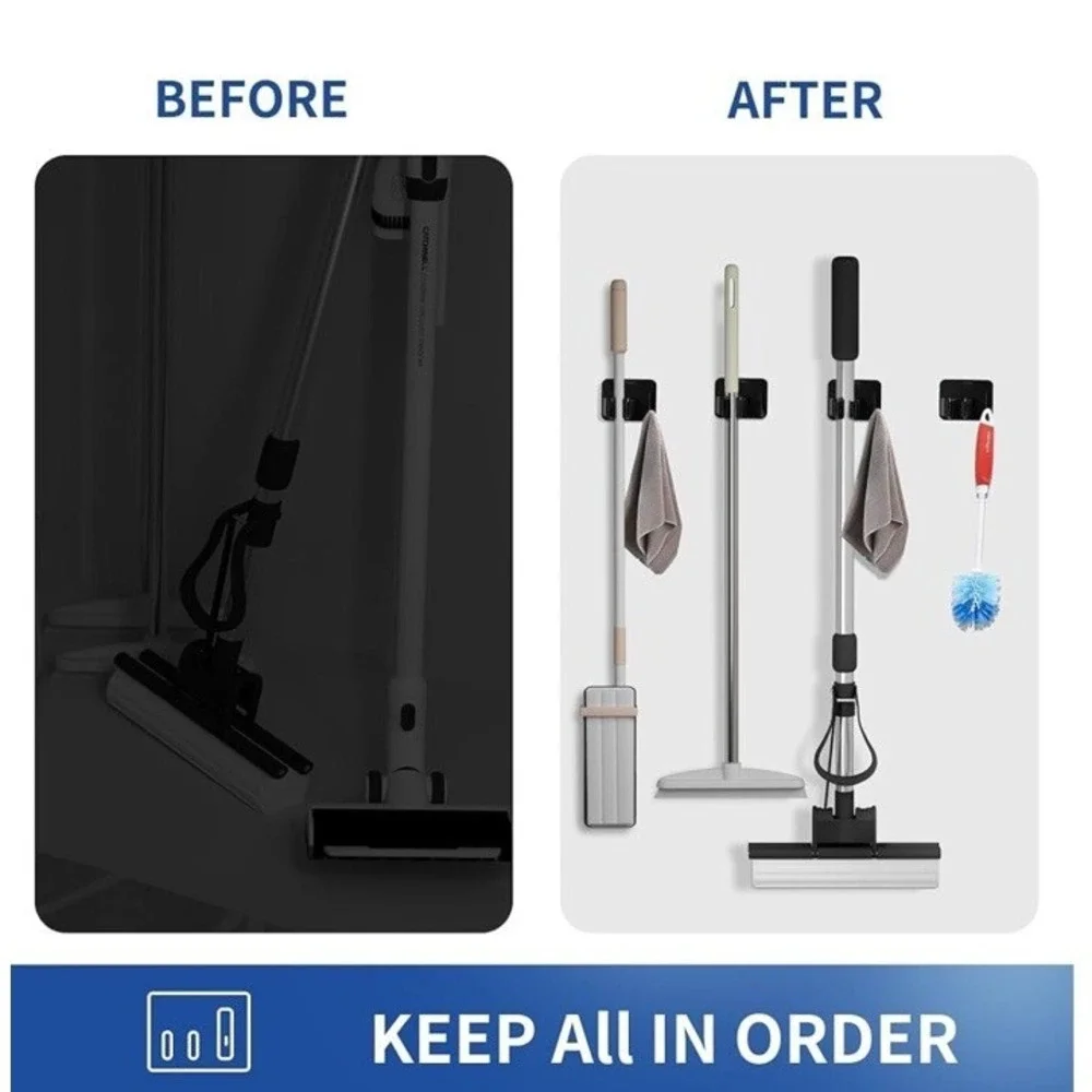 FPOSEI Broom Mop Holder 4‎ Pack Black Stainless Steel Wall Mount Adhesive Hook